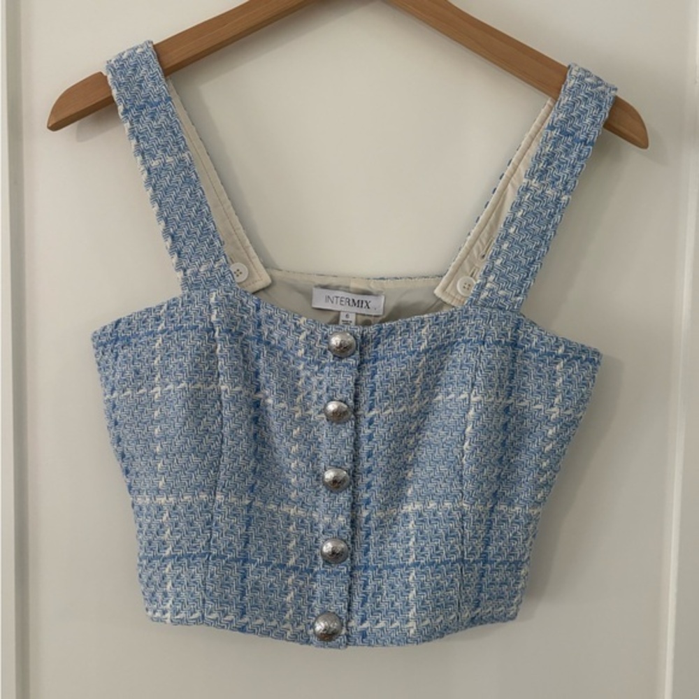 INTERMIX | Blue Tweed Button-Up Crop Top side 6 NWT
